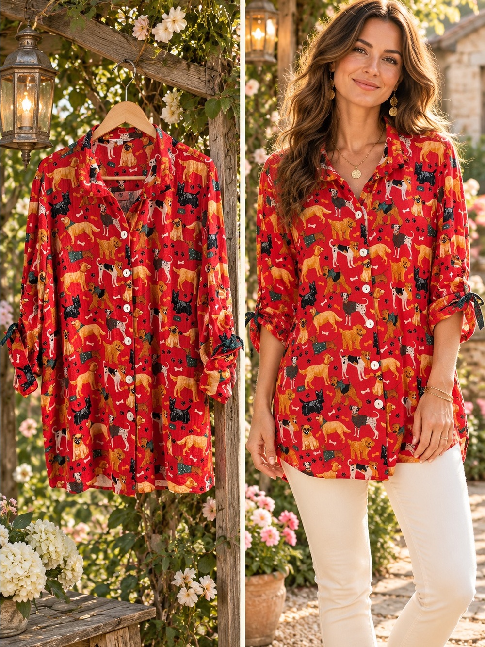 John Mark Women’s Red Dog-Print Button-Up Shirt